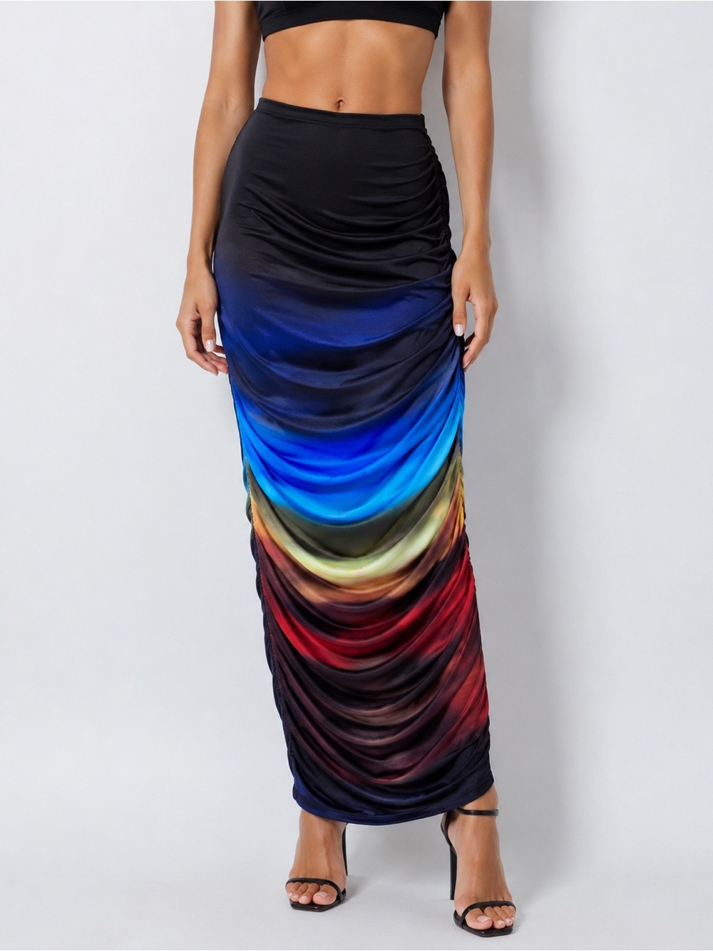 AKIRA Blue Multi Ombre Ruched Maxi Skirt Bodycon NWT S L